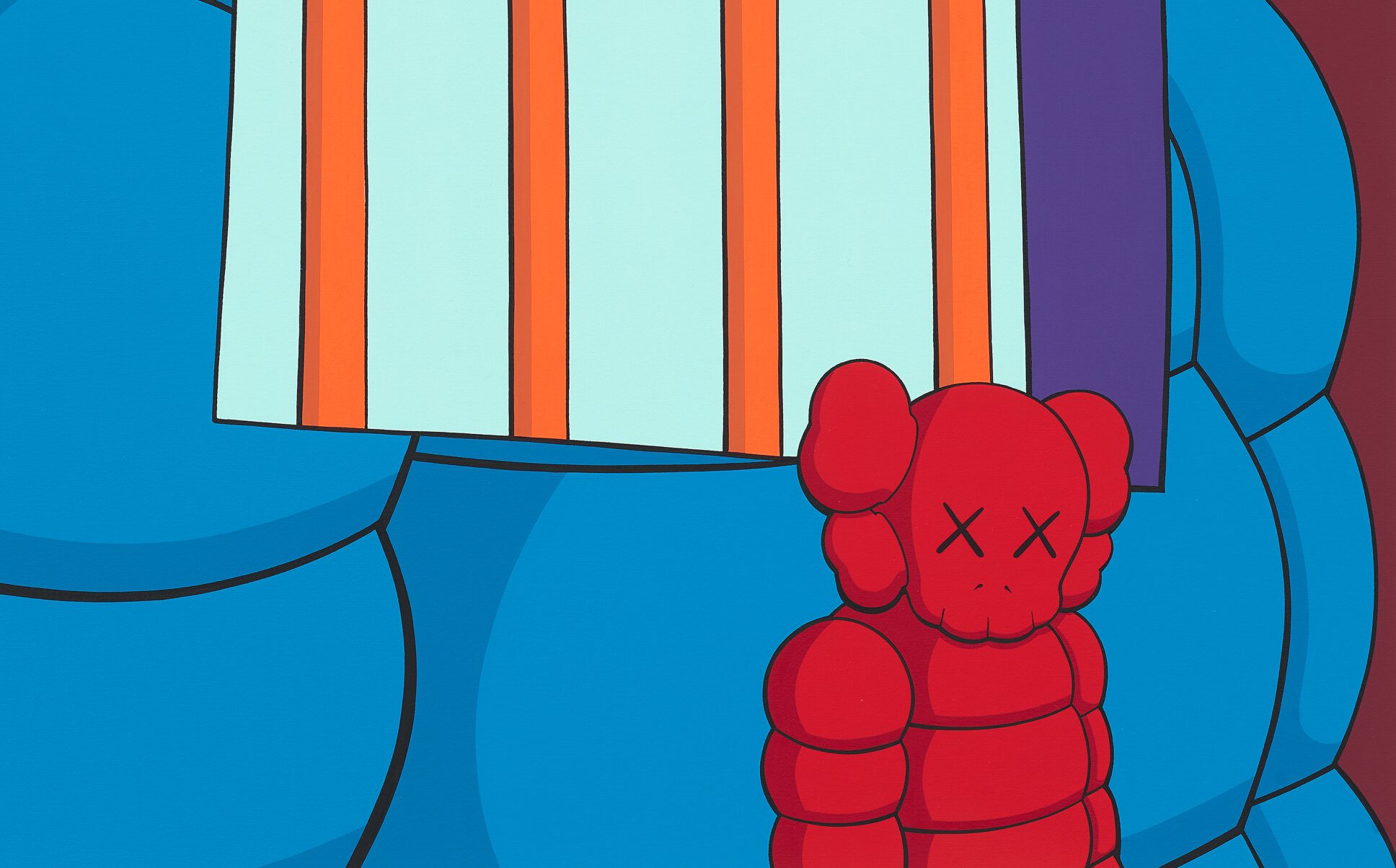 KAWS red Companion figure in cartoon-style interior at Moco Museum Amsterdam