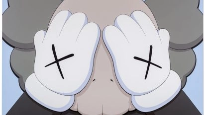Iconic X-eyed character with gloved hands by KAWS, included in Contemporary Masters Amsterdam, Moco Museum Amsterdam.